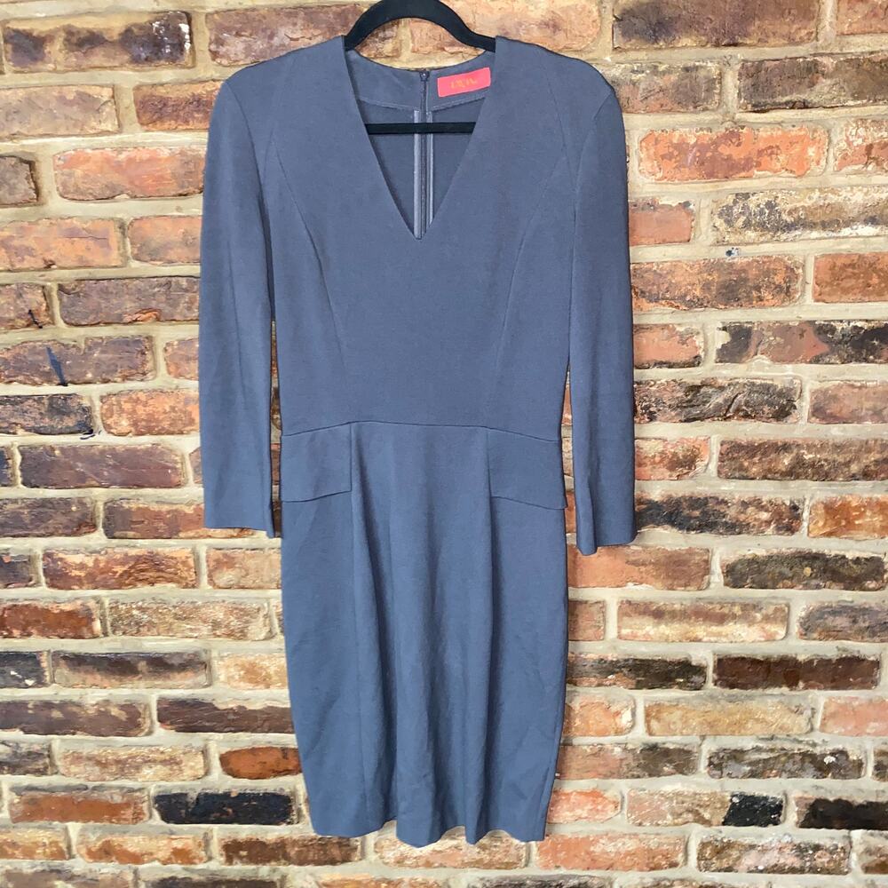 LaVia 18 Gray Italian Long Sleeve Sheath V-Neck Dress Women's Size 40 US 6
